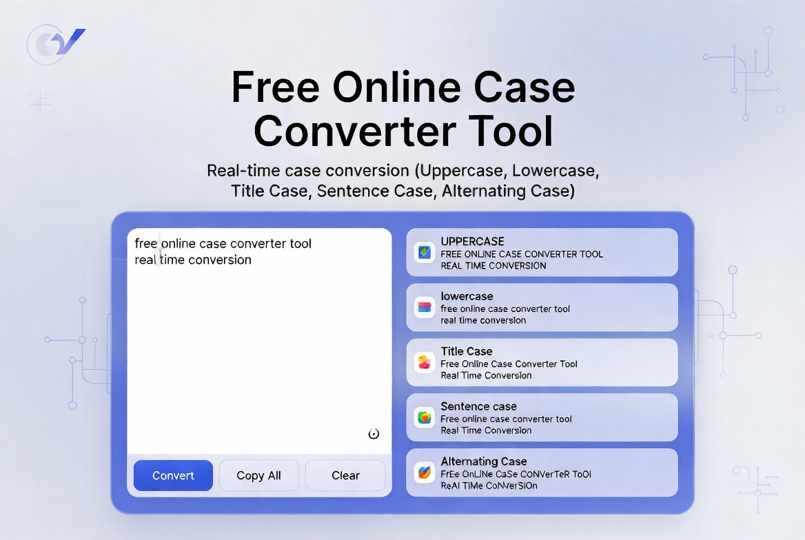 Free online case converter tool showing uppercase, lowercase, title case and sentence case conversion