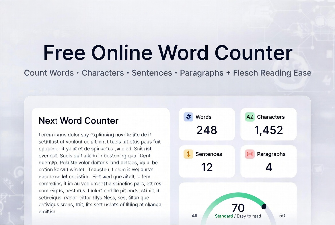 Free online word counter tool showing real-time word count, character counter, Flesch reading ease score and keyword density analysis